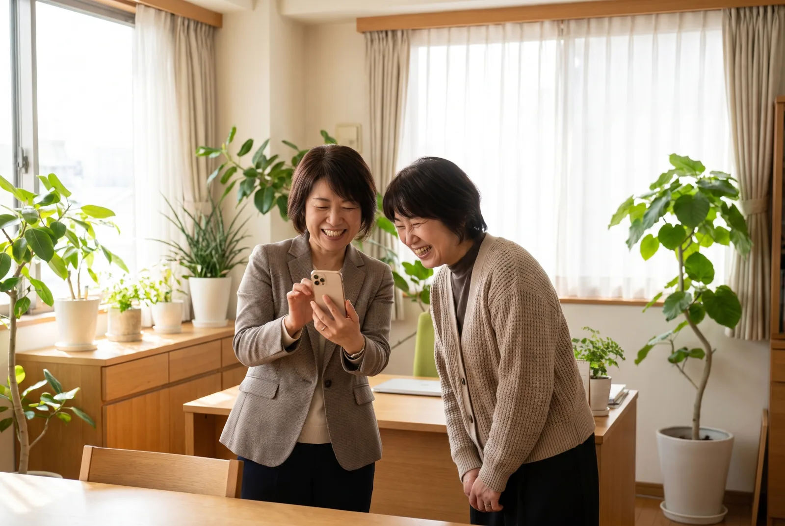 事業所の事務室で相談する二人