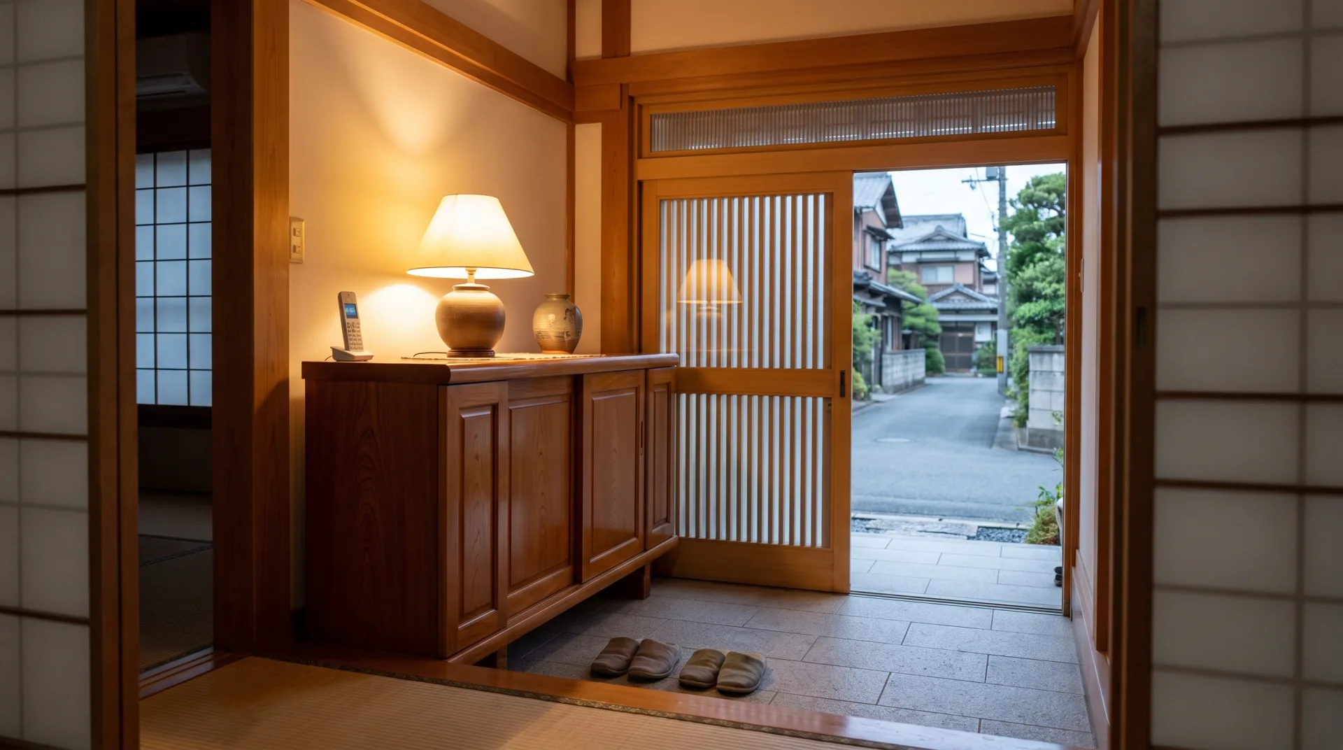 夕方の玄関。少し開いた戸の向こうに道が見える