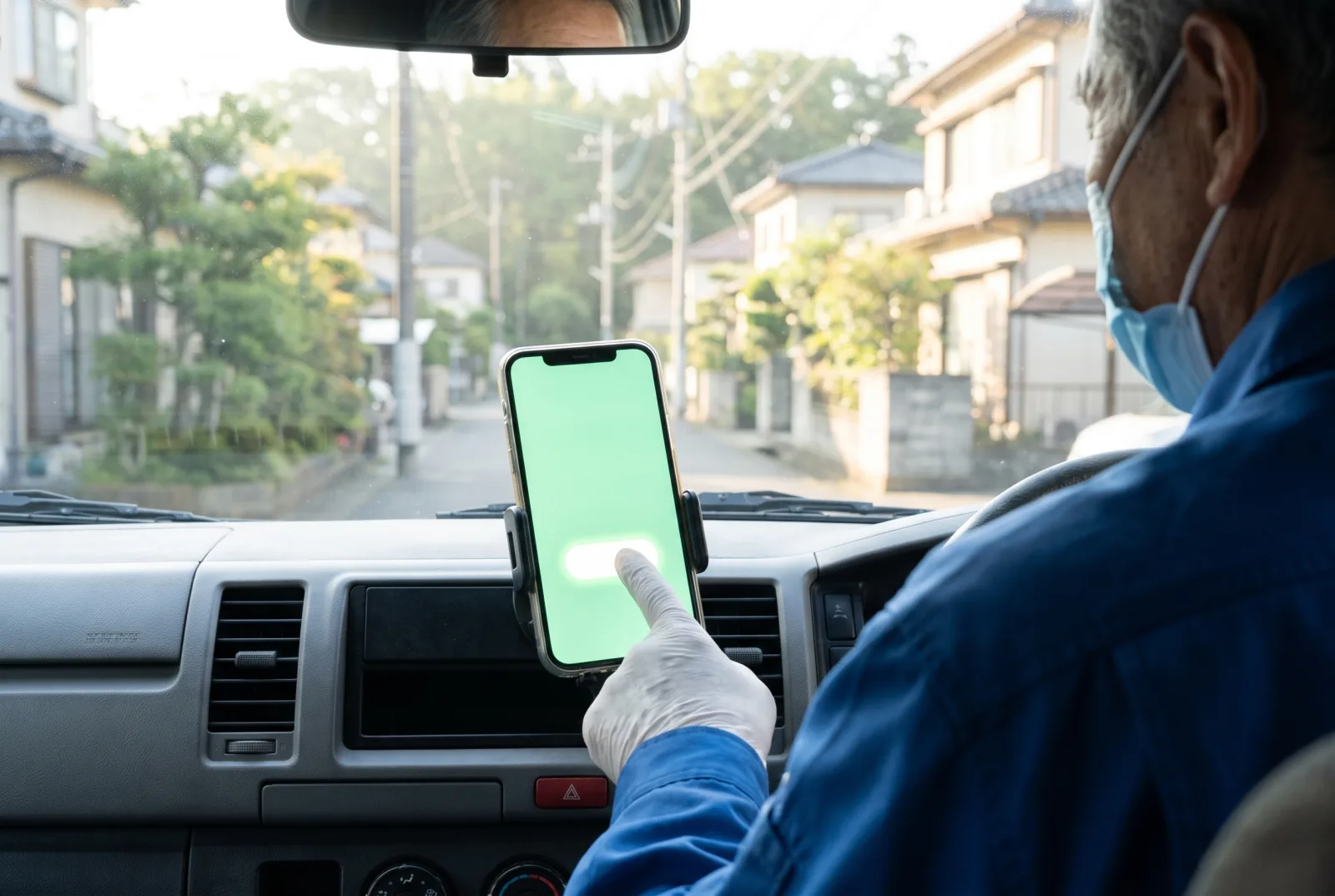 車に固定した端末を押す運転者