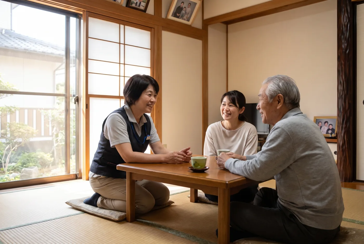 居間で家族と話す訪問看護師