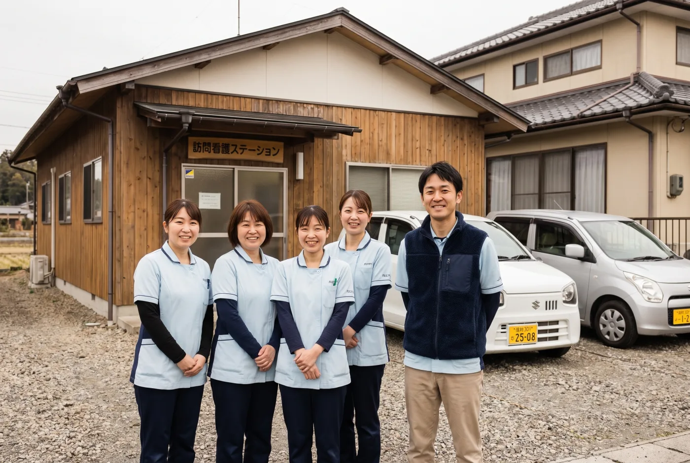 訪問看護ステーションのスタッフと訪問の車