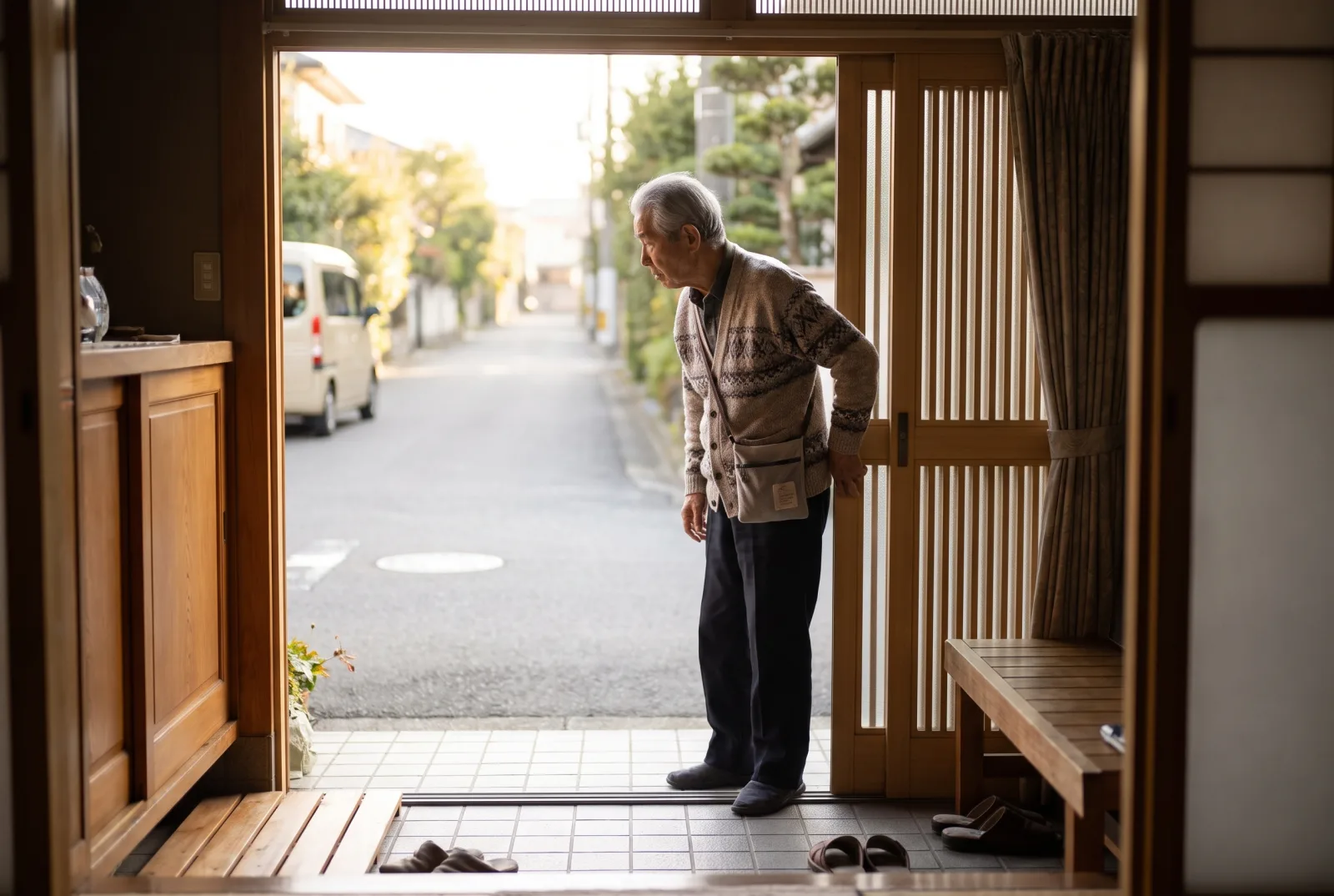 玄関の内側から、開いた引き戸越しに外の道を見て立つ人。外に送迎車が止まっている