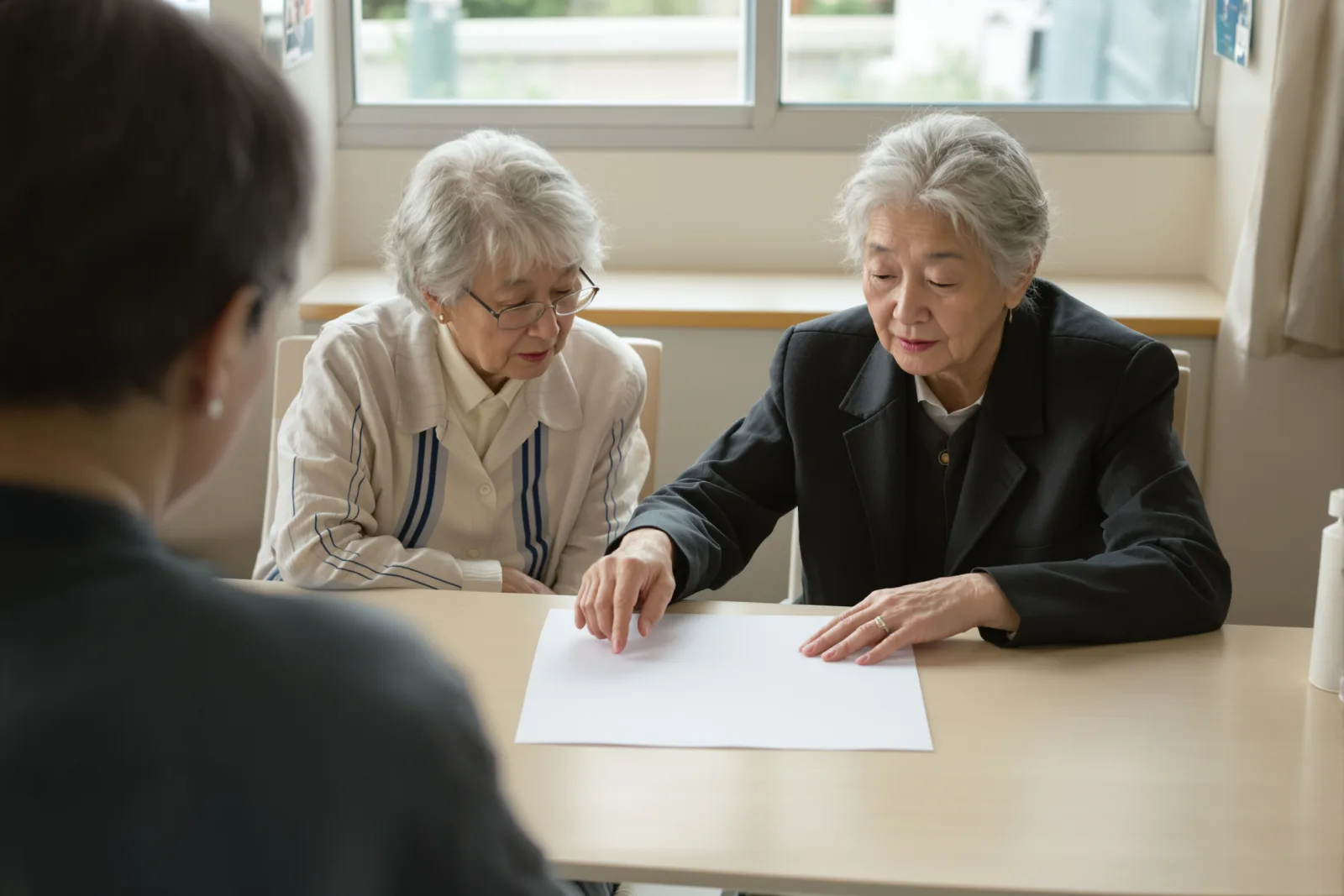 同じ紙をのぞき込み、指をさして話す二人の高齢の方
