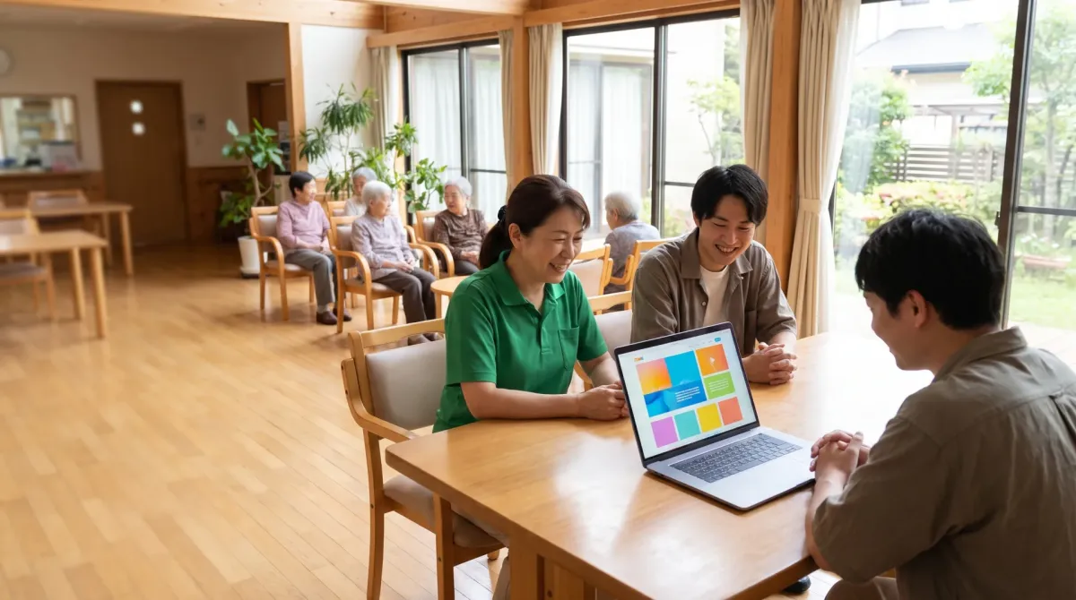 事業所の食堂で、完成したサイトをノートパソコンで見ている